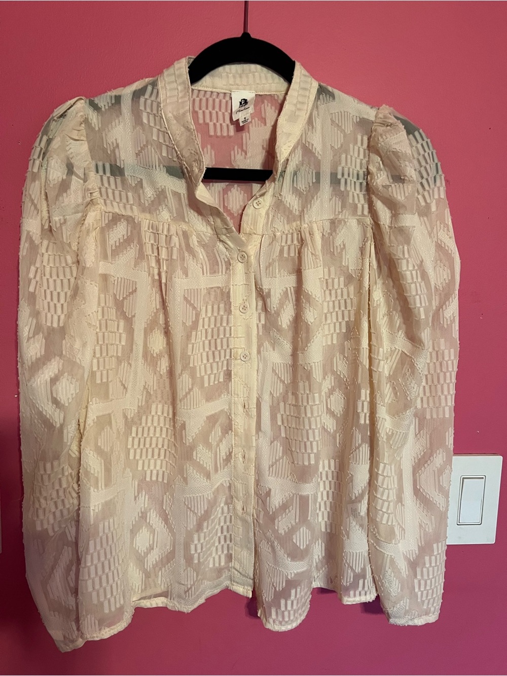 Flawless Textured Cream Sheer Button-Front Puff Shoulder Blouse Size Small